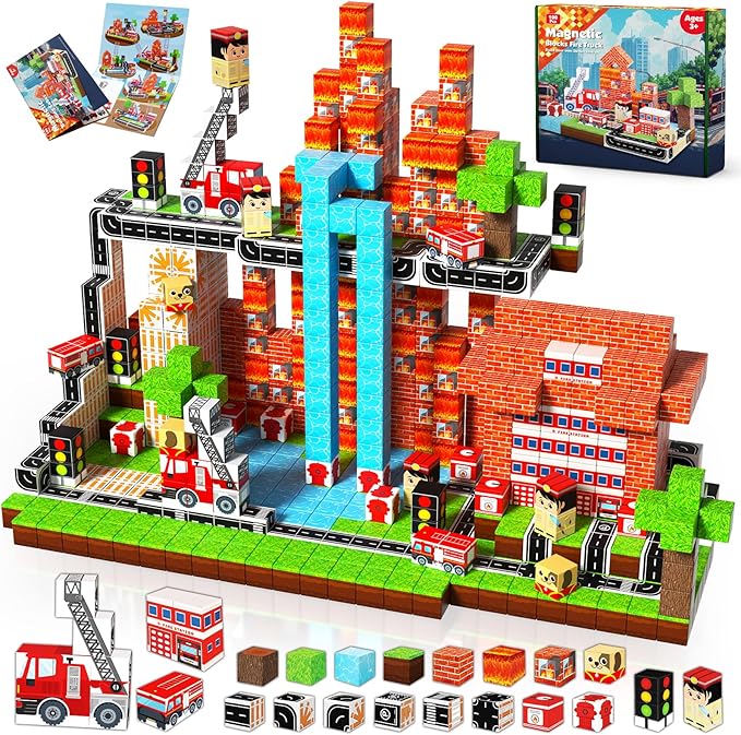Goody King Magnetic Blocks|100PCS Fire Truck Magnetic Building Cube Game,Constructions Toys for Boys & Girls Age 3-4,5-8 9 10,STEM Montessori Stacking Toy,Sensory Tiles Building Easter for Toddlers