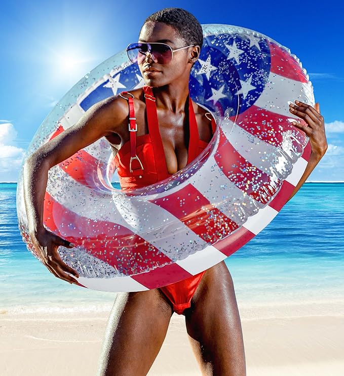 POZA Inflatable USA Pool Float - Luxurious Fun Lounger Filled with Sparkle Silver Stars Confetti, Cool USA Flag Design Water Swimming Pool Floaties for Beach, Lake & Pool