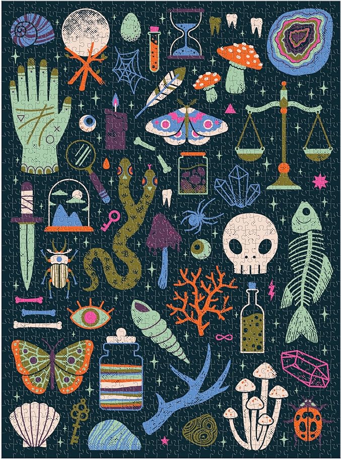 Galison Occult and Curious – 1000 Piece Glow in The Dark Jigsaw Puzzle Featuring an Eerie Collection of Creepy and Spooky Objects