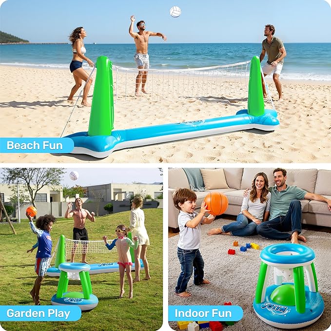JOYIN Inflatable Volleyball Net & Basketball Hoops Pool Float Set; Balls Included for Kids and Adults, Summer Pool Game, Floaties, Volleyball Court (105”x28”x38”) Basketball (27.6”x23”),Green,Blue