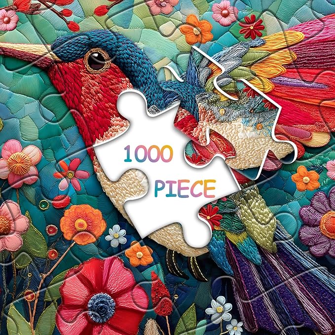 Hummingbird Puzzles for Adults 1000 Pieces, Bird Flower Garden Patchwork Art Quilt Puzzle, Beautiful Spring Floral Difficult Hard Jigsaw Puzzles with Animals, Colorful Challenging for Adults