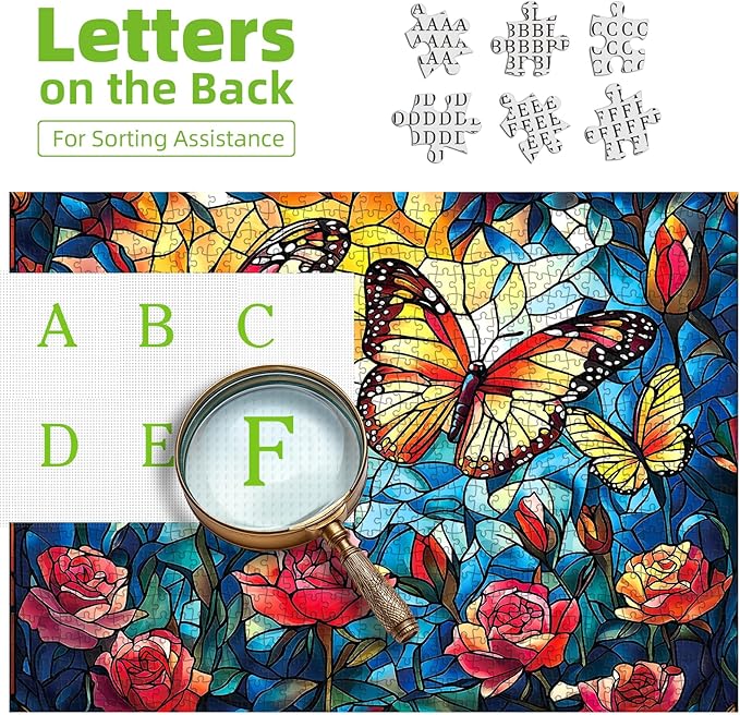 Blueforest 1000 Piece Stained Glass Butterfly Jigsaw Puzzle - Vibrant Mosaic Flower Garden Puzzle, Complex Art Therapy Puzzles for Adults, Framable Wall Decor 27.5"x19.7"