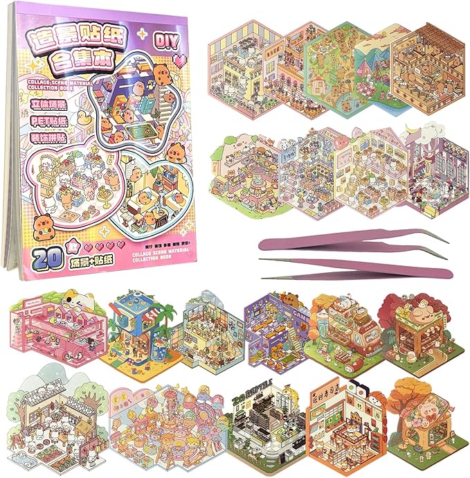 Fieoriia 3D Sticker Book Scene, 20 Sets DIY Miniature World Craft Kit, Art Therapy Activity for Adults, Kids, Family Fun