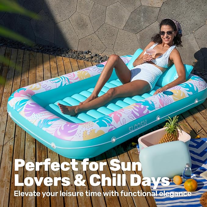 SLOOSH Inflatable Tanning Pool Lounger Float, 70" x 46" Pool Floats Adult with Pillow, 4 in 1 Suntan Tub Raft Floatie,Sunbathing Bed Lounge for Water Blow Up Ball Pit Party Gifts, L-Tropical Blue