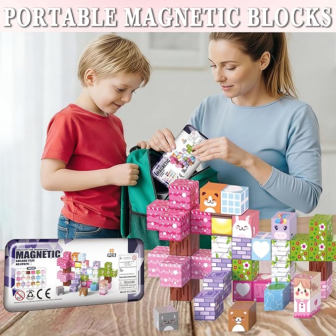 Magnetic Building Blocks - 40 PCS Animal Cubes Set with Cats Bears Unicorns & Storage Case, 2cm STEM Educational Toys for Kids Ages 3-8