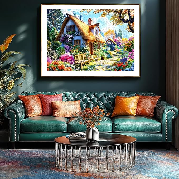 Thatched Cottage Garden Jigsaw Puzzle 1000 Pieces for Adults – Vibrant Floral Countryside Scene, Intricate Nature Art Puzzle, Stress-Relieving Relaxation Activity (27.56" x 19.69")