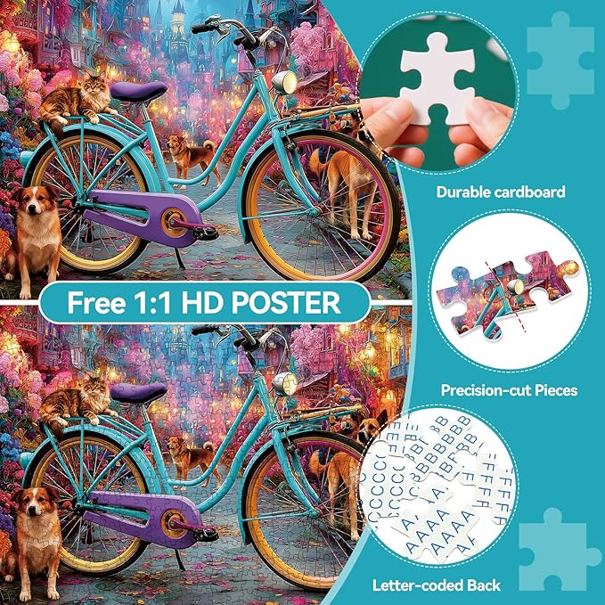 500 Pieces Puzzle for Adults, Puzzles for Adults 500 Pieces, Retro Bicycle Dogs Cat Street Jigsaw Puzzle, Challenging Perfect for Game Nights, 20.5 X 15 in