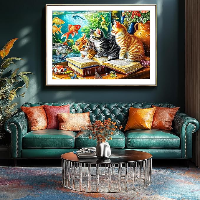 500 Piece Jigsaw Puzzles for Adults - Cats & Goldfish Aquarium Scene Colorful Kittens Book Puzzle with Letters on Back for Seniors Perfect for Game Night (23x15 Inch)