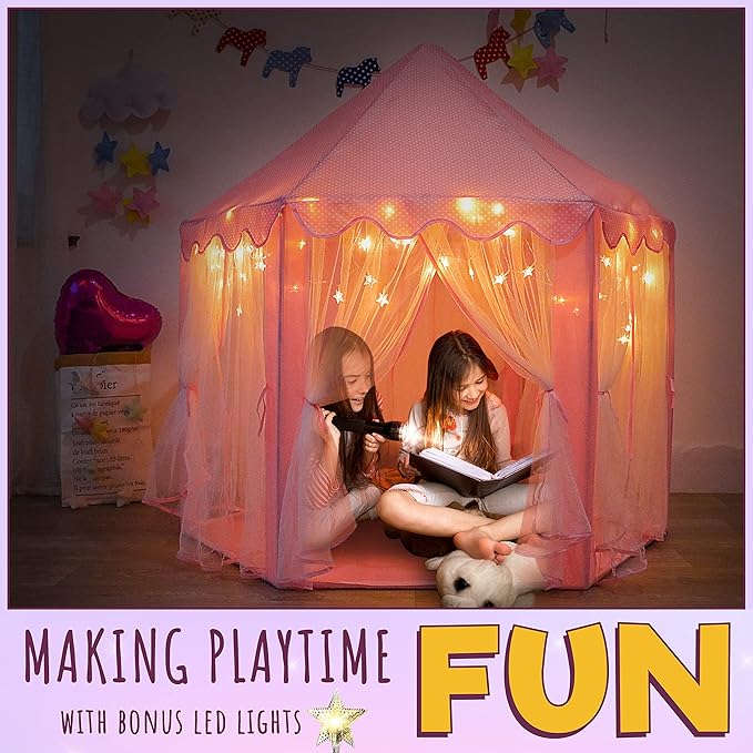 Orian Princess Tent for Kids, Toddler & Kids Pink Play Tent Indoor & Outdoor Princess Castle Fort for Girls and Toddlers Ages 2-7, 55”x53”, LED Star Lights, Children’s Toys and Gifts for Girls
