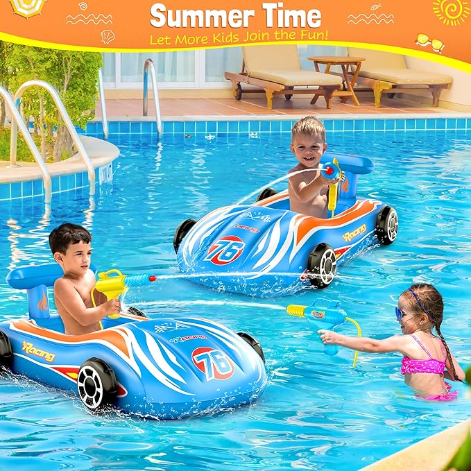 ZIZZ Pool Floats Kids Toys with Water Gun - Inflatable Ride-on Pool Toys for Kids Ages 4-8 Race Car Toddlers Pool Float Summer Outdoor Swimming Pool Toys Games for Boys Girls Fun Summer Water Toys