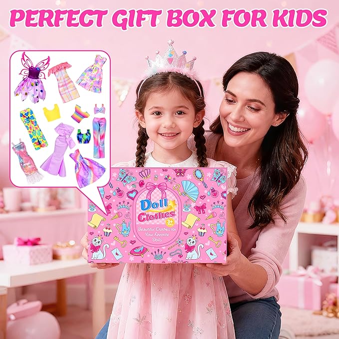 BYMORE 12 Set Doll Clothes Kit, Include Fashion Dresses, Floral Dresses, Sequins Dresses, Evening Party Dresses, Fairy Dresses with Wings, Tops and Pants in Gift Box for 11"-12" Dolls