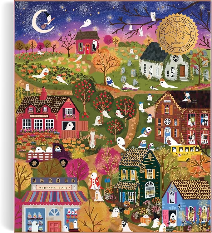 Galison Spooky Village – 1000 Piece Foil Joy Laforme Jigsaw Puzzle Featuring Spooky Artwork of Ghostly Village During Halloween