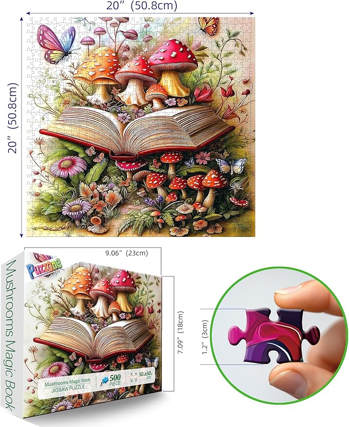 Mushrooms Puzzles for Adults 500 Pieces, Plants Flower Jigsaw Puzzle with Magic Book Garden Fantasy Art for Relaxing Challenge Game Fun (20 x 20 Inch)