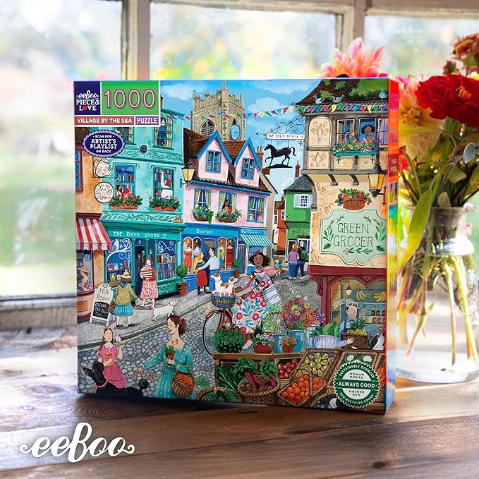 eeBoo 1000 Piece Puzzle - Village by the Sea Jigsaw Puzzle for Adults, Square 23" x 23" Made with Recycled Board & Vegetable-Based Ink