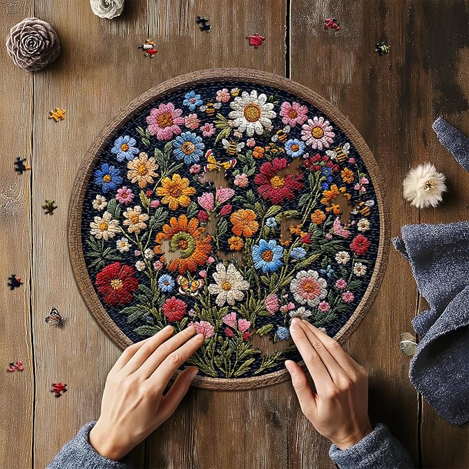 Vintage Wildflower Puzzles for Adults 1000 Pieces, Round Butterfly Bee Plant Puzzle Nature Art, Circle Pretty Flower Garden Jigsaw Puzzle, Retro Aesthetic Floral Puzzle