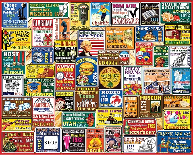 White Mountain 1000 Piece Jigsaw Puzzle Patriotic US Icons Collage Puzzles with Large Pieces Gift for Adults and Family 24"x30" - America's Firsts