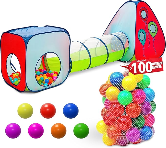 Tunnel and Ball Pit Play Tent | 3pc Pop Up Toddler Gym Tunnels with Tents for Kids, Toddlers, Infants Boys & Girls | Indoor & Outdoor Gift Game | Baby Crawling Pits for Playground (100 Balls Included)