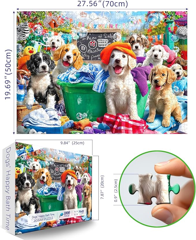 Puppy Party 1000 Piece Jigsaw Puzzle for Adults Dog Playful Scene Colorful Clothes Laundry Day Puzzles with Letters on Back Adult Games for Game Night Fun, 27x20 Inch