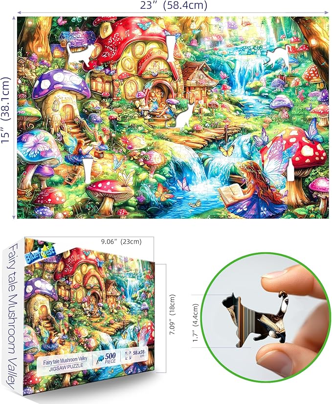 Dreamy Mushroom Valley 500 Piece Puzzle for Adults, Fun Puzzles for Adults 500 Pieces with HD Print & Poster, 23" X 15" Dust Free, for Gifts Halloween Christmas Family Games Lovers