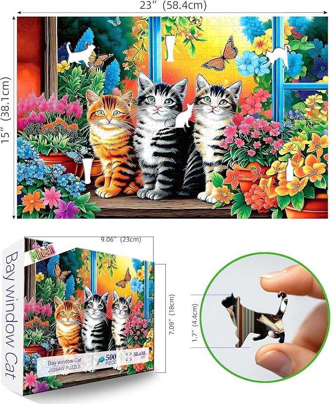 MINIWAN 500 Piece Puzzles for Adults - Cute Kitten Floral Window Jigsaw Puzzle, 23x15 Inches with Unique Irregular Shaped Pieces for Relaxation & Home Wall Decor
