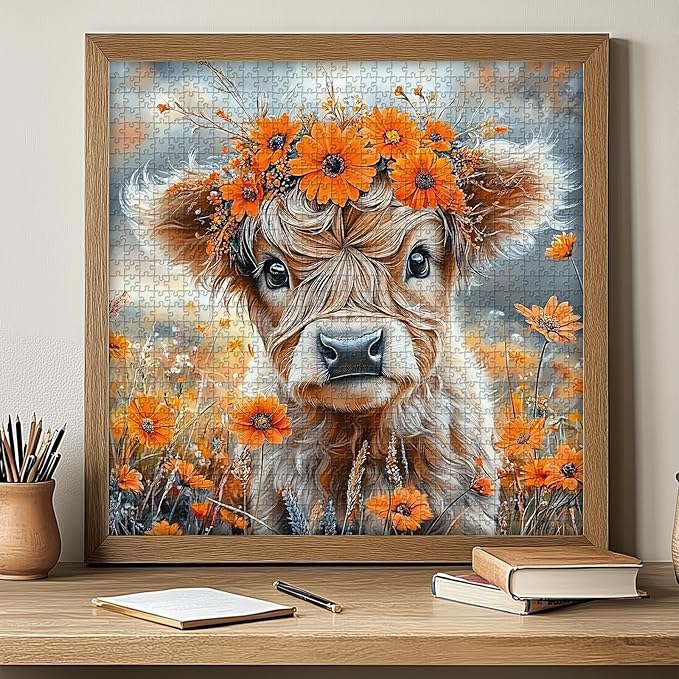 PICKFORUF Floral Calf 1000 Piece Puzzle for Adults,Orange Flower Cute Cow Jigsaw Puzzles 1000 Pieces,Nature Wildflower Grassland Animal Puzzle