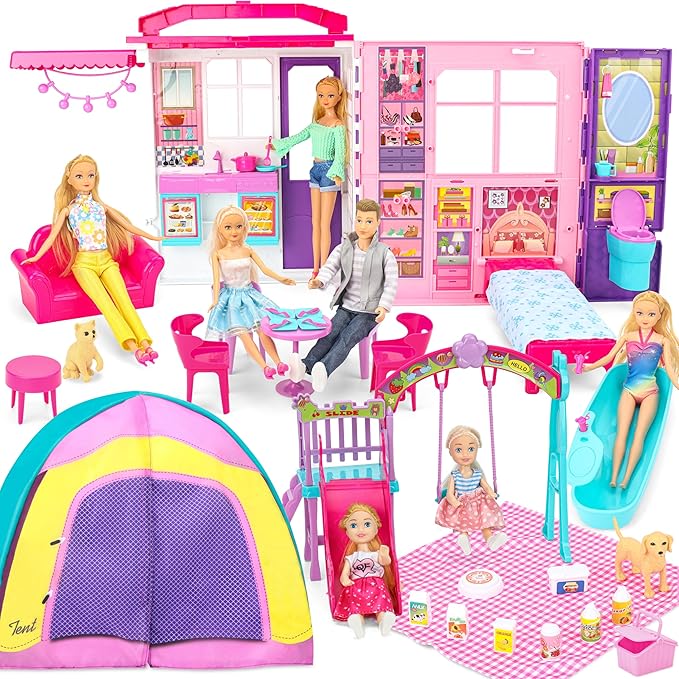 Style Shine Doll House Portable & Foldable Dollhouse w/ 60+ Pcs & 2 Dolls, Play House Toy with Bedroom Kitchen Furniture Camping Playset, Playhouse Birthday Gift for Girl Kid Toddler