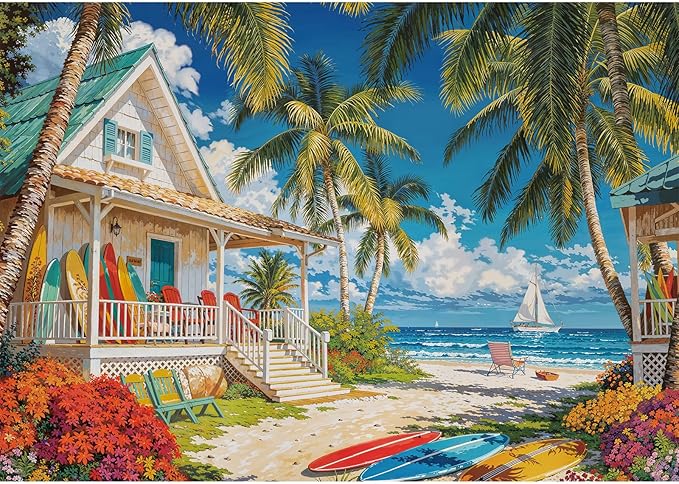 500 Piece Puzzles for Adults, Beach Cottage Puzzles for Adults 500 Pieces, Summer Beach Leisure Jigsaw Puzzles, Challenging Ocean Jigsaw Puzzle as Home Decor