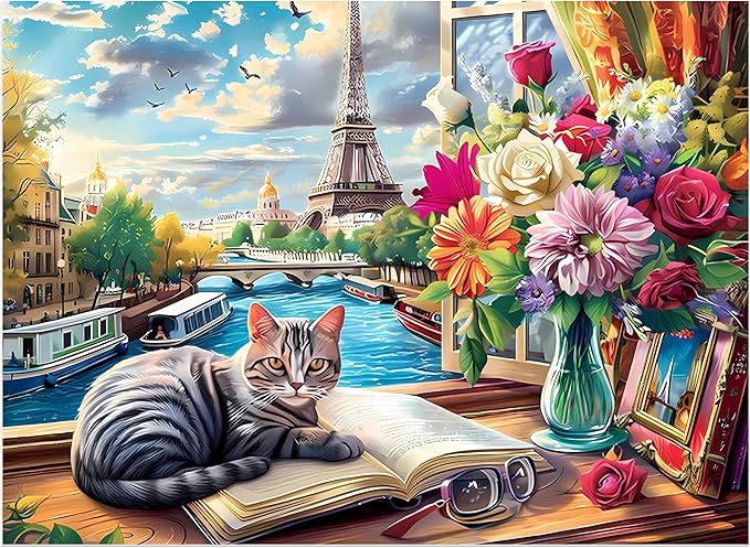 500 Pieces Puzzle for Adults Cat Paris Puzzle for Elderly, Recycled Paper Jigsaw Puzzles 500 Pieces Challenging Puzzles Family Game Gift for Friends, Finished Size is 21x15 in