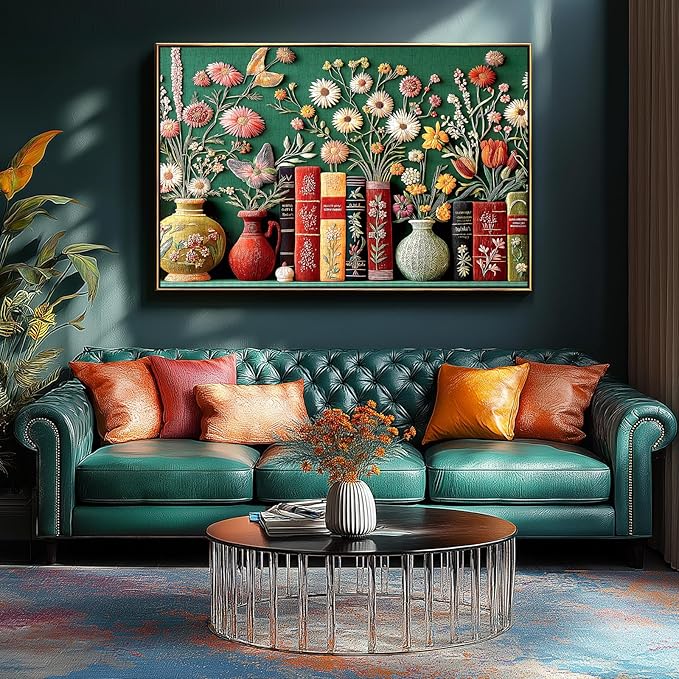 MININWAN Mbroidered Style Vintage Botanical Flower Bookshelf Puzzles for Adults 1000 Pieces, Green Background Floral Vase Books Jigsaw Puzzle, Gift for Book & Embroidery Art Lovers 27.5x19.7 Inch