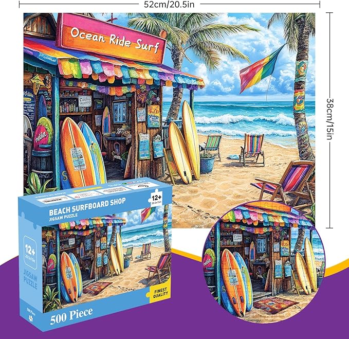 500 Piece Beach Surf Shop Jigsaw Puzzle for Adults, Summer Coastal Puzzle, Colorful Tropical Beachfront Puzzle, Home Decor Birthday Party Gift for Men Women Elders, 20.5 x 15 in