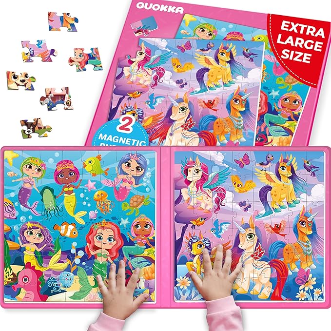 QUOKKA Magnetic Puzzles for Toddlers 3-5 – 2x48 Pieces Travel Games for Kids Ages 2-4 – Unicorn & Mermaid Learning Magnetic Puzzles for Kids Ages 4-8 – Educational Puzzle Gift Toy for Boys and Girls