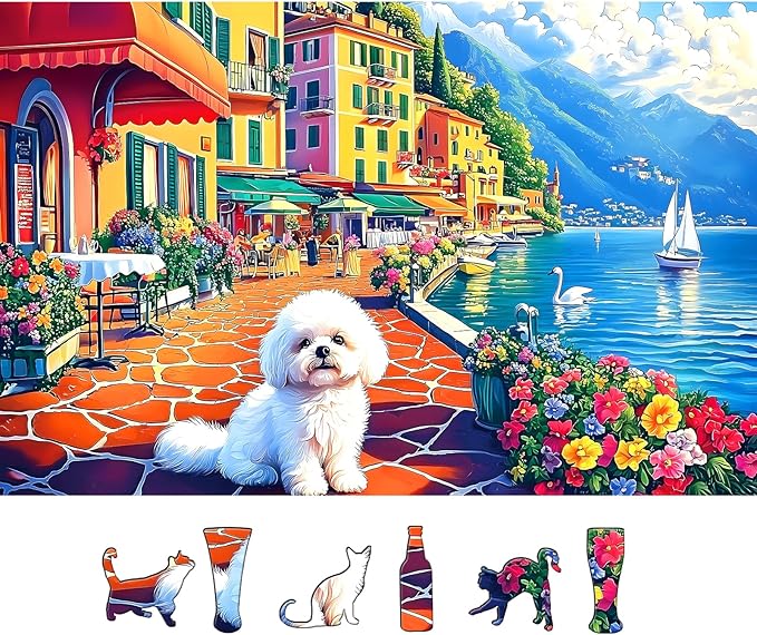 500 Pieces Puzzles for Adults, Lakeside Town - Seaside City Cafe with Dog Clearance Jigsaw Puzzle for Party Game Family Decoration Gifts, Finished Size 23" x 15"