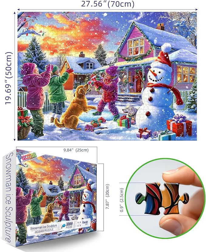 Christmas Puzzles for Adults 1000 Pieces, Christmas Snowman Ice Sculpture with Dog Jigsaw Puzzles Adults and Teens Family Challenging for Game Nights (27.5 x 19.7 inch)