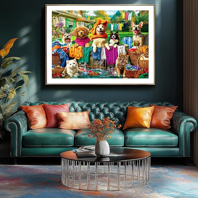Laundry Day 1000 Piece Puzzle for Adults - Colorful Backyard Scene with Dogs & Cats Pet House Garden Jigsaw Puzzles, Unique & Fun Adult Games for Game Night Gift & Family Activities