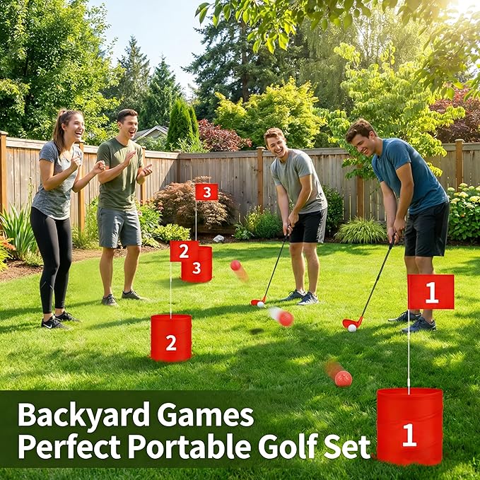 Premium Backyard Golf Game Set – Ultimate 6-Hole Outdoor Course with 2 Upgraded Adjustable Clubs, 12 Practice Balls & Carry Bag – Fun Lawn & Tailgate Games for Adults, Family, Camping