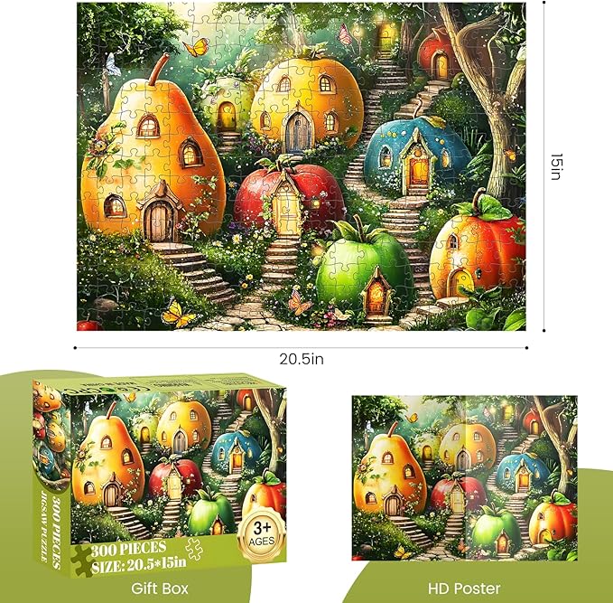 300 Piece Puzzles for Adults, Whimsical Fruit Houses Puzzles, Vibrant Garden Fantasy Art 300 Piece Jigsaw Puzzle, Ideal Home Decor Gift for Adults Kids Seniors, 20.5×15 in