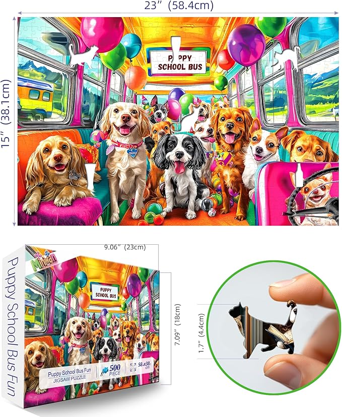 Puppy School Bus Party 500 Piece Puzzle for Adults, Fun Puzzles for Adults 500 Pieces with HD Print & Poster, 23" X 15" Dust Free, for Gifts Halloween Christmas Family Lovers