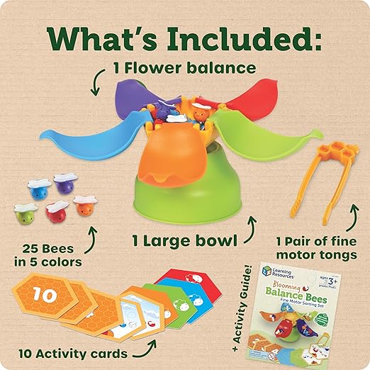 Learning Resources Blooming Balance Bees Fine Motor Sorting Set - Preschool Learning Activities, Fine Motor Games, Color Sorting Toys for Toddlers 3-5, Matching and Counting Toys for Toddlers