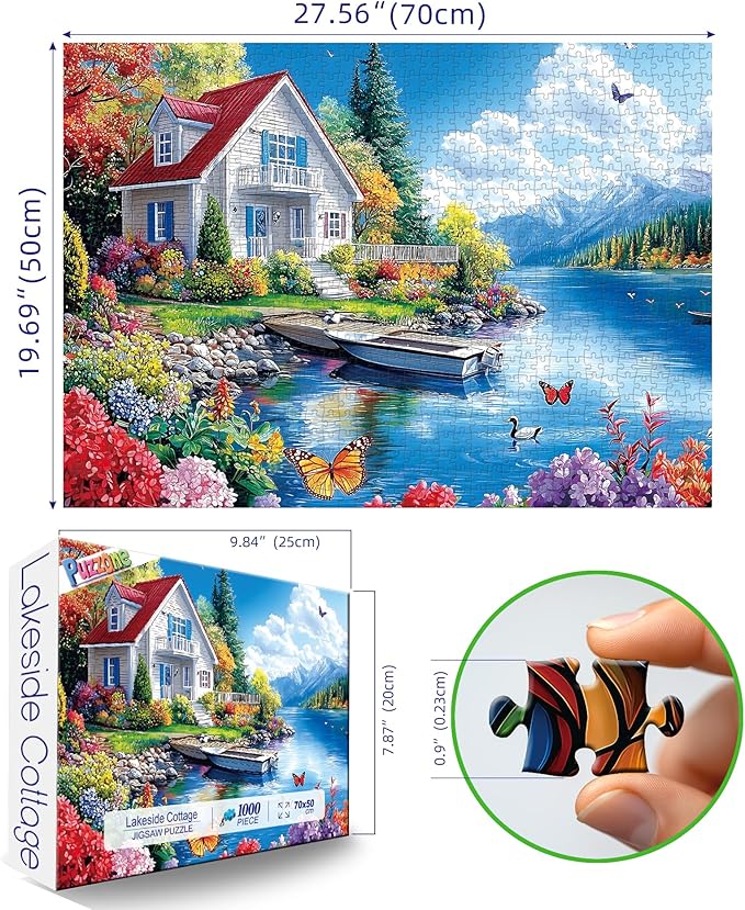 1000 Piece Jigsaw Puzzle for Adults, Lakeside Cottage Mountain House Puzzles for Family, Decoration, Gifts, Party Game, Finished Size 27.5" x 19.7"