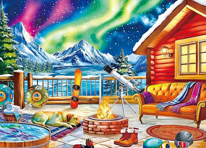 300 Piece Puzzles for Adults Large Piece - Jigsaw Puzzle for Kids Seniors - Northern Lights Lounge Cabin
