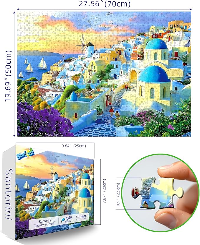 1000 Piece Adult Jigsaw Puzzle Santorini Greece Sunset Beautiful Blue Domed Churches Aegean Sea Village Landscape Puzzle with Letters on Back for Adults Seniors Game Night