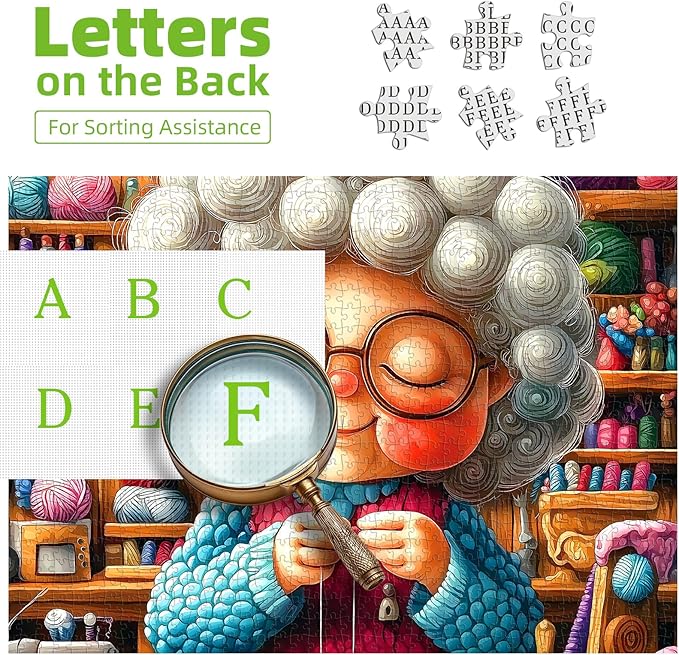 Knitting Grandma 500 Piece Puzzle for Adults Cozy Craft Room Colorful Yarn Balls Jigsaw Puzzle with Letters on Back Fun Cute Cartoon Relax Puzzles for Seniors Family
