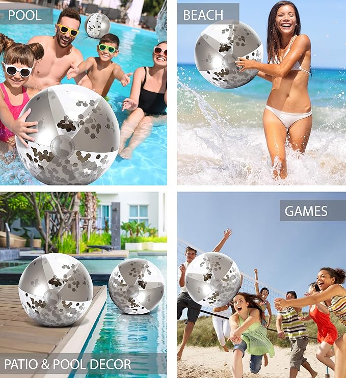 POZA Inflatable Beach Balls - Elegant Glitter Confetti Premium Floaters, Heavy Duty Vinyl Floatation Pool Toys for Pool Beach Party, UV Resistant Pool Décor