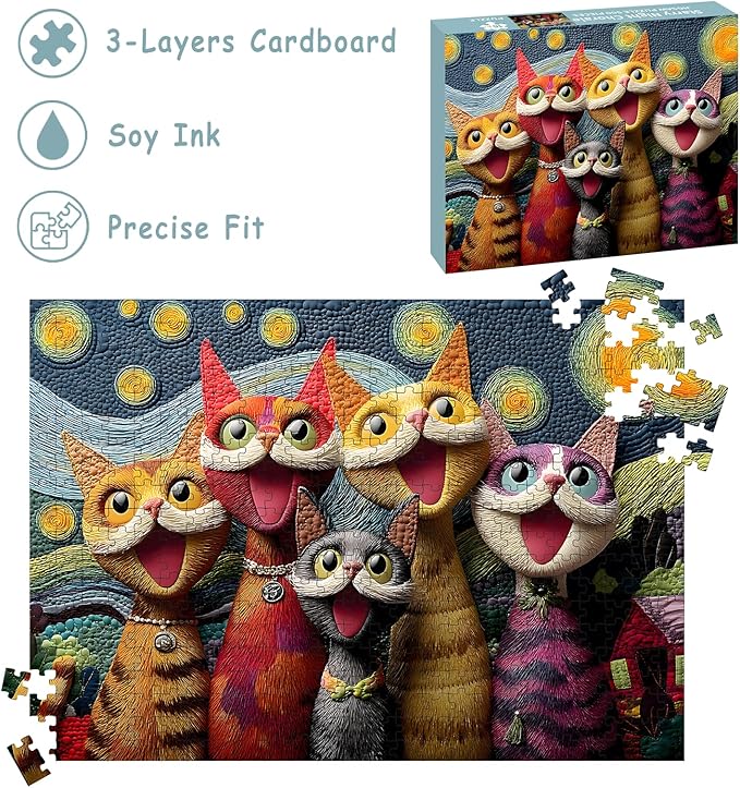 Puzzles for Adults 500 Pieces, Cat Jigsaw Puzzles -Starry Night Chorale, Impossible Starry Night Puzzles for Seniors Family, 20.47x14.96 inches, 1:1 Poster, Letter on The Back