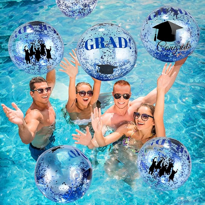 Forwe Graduation Inflatable Beach Balls, 16 Inc Confetti Glitter Beach Pool Ball Blow up Balloon Toys for Class of 2026 Swimming Pool Graduation Party Decorations