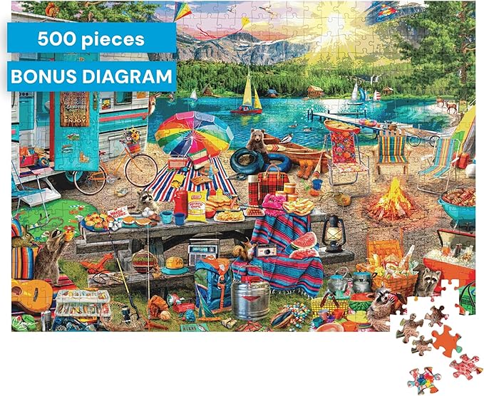 Buffalo Games - Aimee Stewart - Family Campsite - Look Closer - 500 Piece Jigsaw Puzzle for Adults with 10 Hidden Images - Challenging Puzzle for Game Nights - Finished Size 21.25 x 15.00