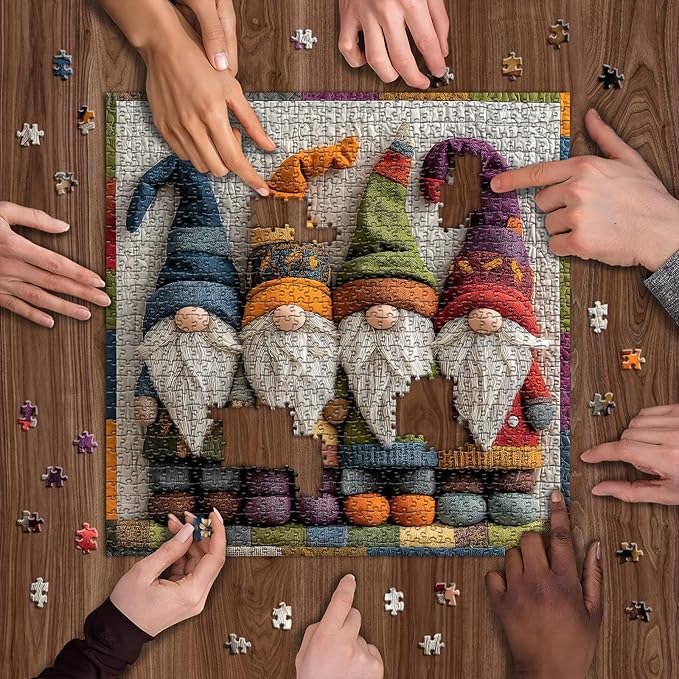 Colorful Gnome Puzzles for Adults 1000 Pieces, Quilted Patchwork Art Gnome Jigsaw Puzzle, Funny Unique Challenge for Adults