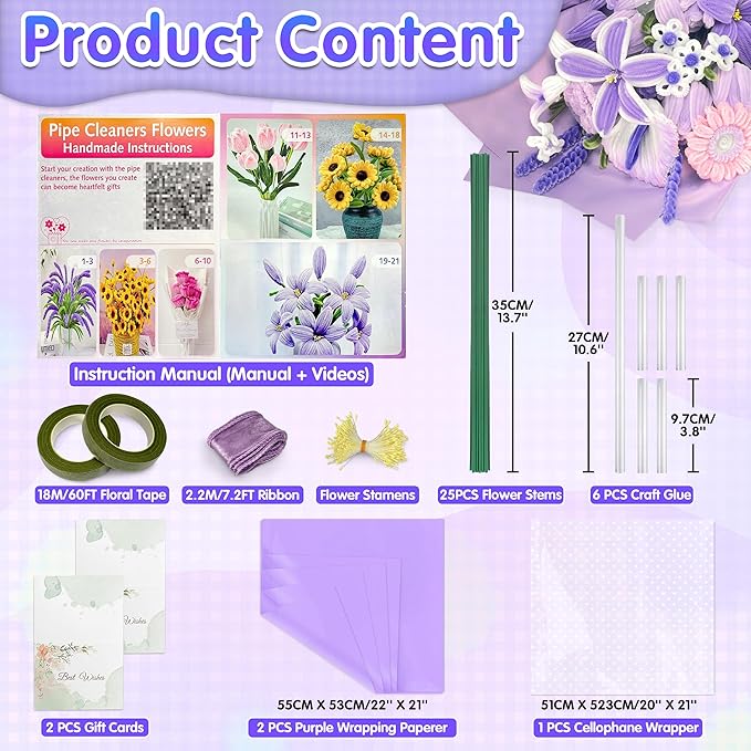 LINAYE 500 PCS Pipe Cleaners Craft, 6 Colors Pipe Cleaners Flowers Kit, Chenille Stems for Crafts with Instruction Wrapping Paper, Flower Stamens, Stems Art and Craft Supplies Purple