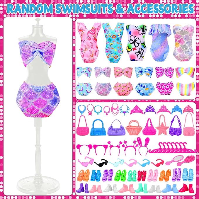 82 Pack Doll Clothes and Accessories - 2 Princess Dresses 1 Evening Dresses 5 Fashion Dresses 2 Tops 2 Pants 2 Bikini Swimsuits 20 Shoes 48 Accessories Size Suit for 11.5" Dolls for Ages 6 7 8 9 10