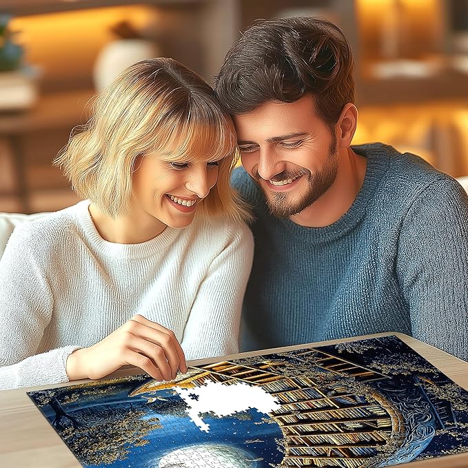 Moonlit Book Haven 500-Piece Adult Jigsaw Puzzle: Enchanted Night Library Fantasy Scene, 20x20 Inches – Mindful Relaxation & Cozy Hobby
